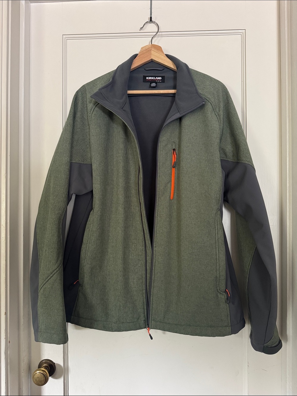 Kirkland Signature Olive Green and Gray Softshell Jacket with Orange Zip Accent